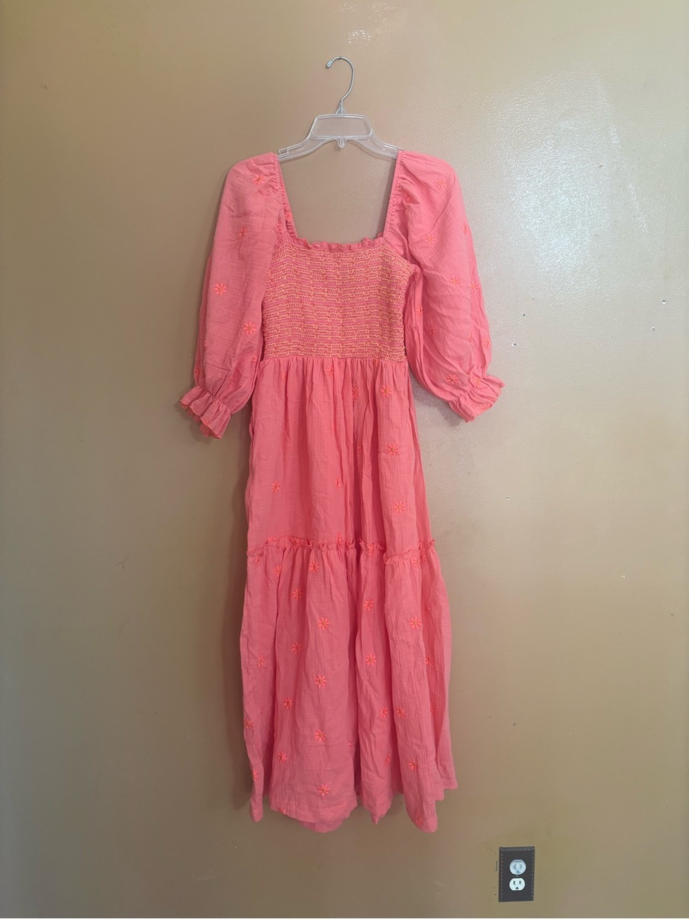 Coral Pink Smocked Midi Dress with Puff Sleeves